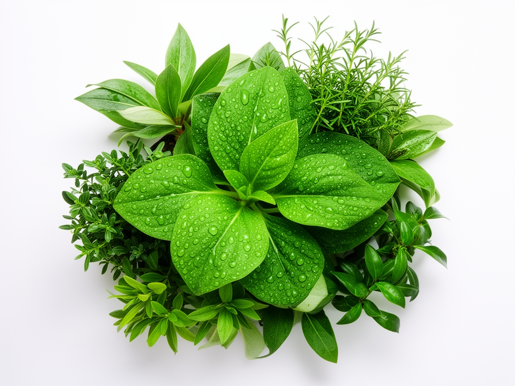 Zeleni listovi biljaka snimljeni odozgo sa kapljicama vode, raznovrsne biljke u nijansama zelene na beloj pozadini, botanički stil fotografije