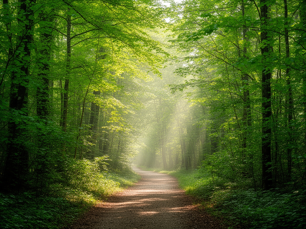 Mirna šumska staza okružena zelenim lišćem i mekim jutarnjim svetlom koje prolazi kroz krošnje drveća, simbolizujući harmoniju sa prirodom