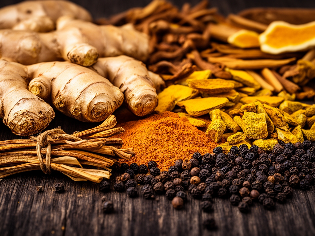 Krupni plan raznovrsnih sušenih korenja i začina na tamnoj teksturi drveta — đumbir, kurkuma i crni biber u toplim zlatnim i smeđim tonovima
