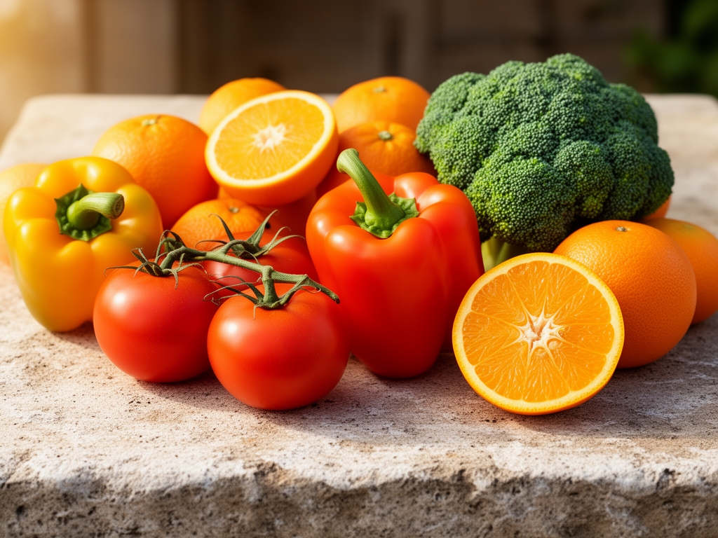 Raznovrsno mediteransko povrće i voće na kamenom stolu — paprika, paradajz, brokoli i agrumi, bogati vitaminima i mineralima, snimljeni u toplom prirodnom svetlu